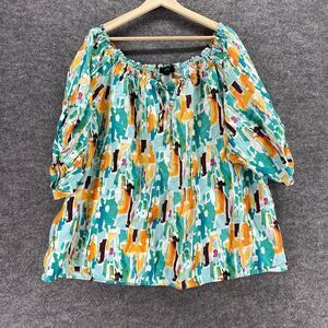 Ashley Stewart Blouse Women 24 Plus Blue Geometric Tasseled Linen 3/4 Sleeve